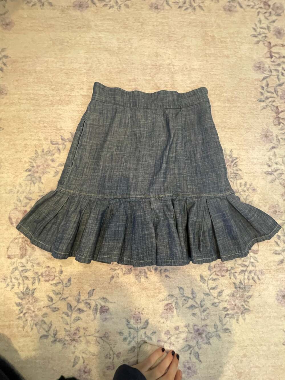blue chambray eshakti ruffle trim skirt